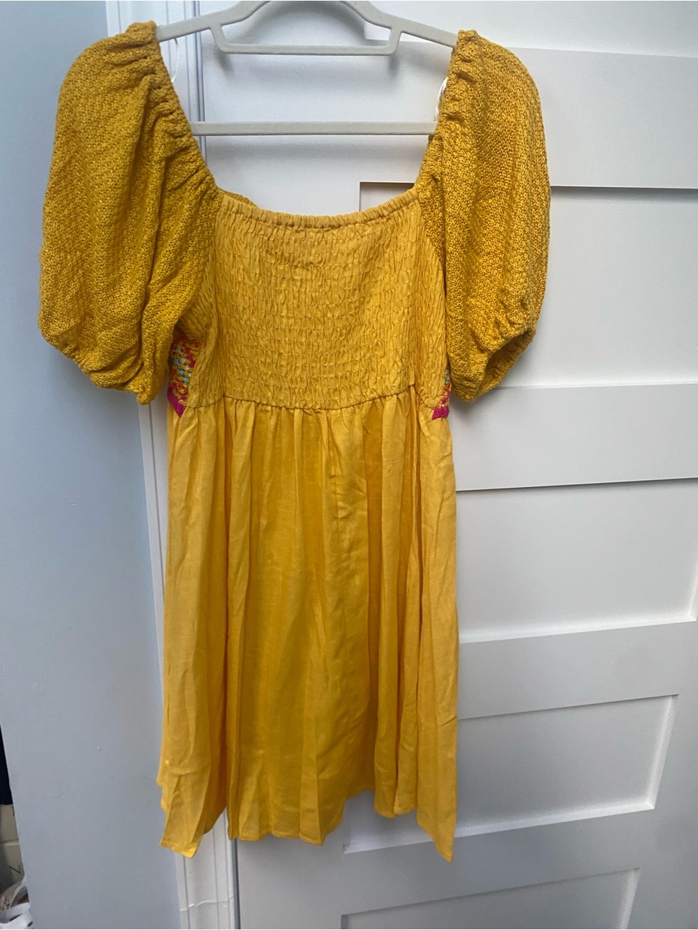 Umgee Mustard Smocked Mini Dress with Pink Trim - Picture 7 of 7